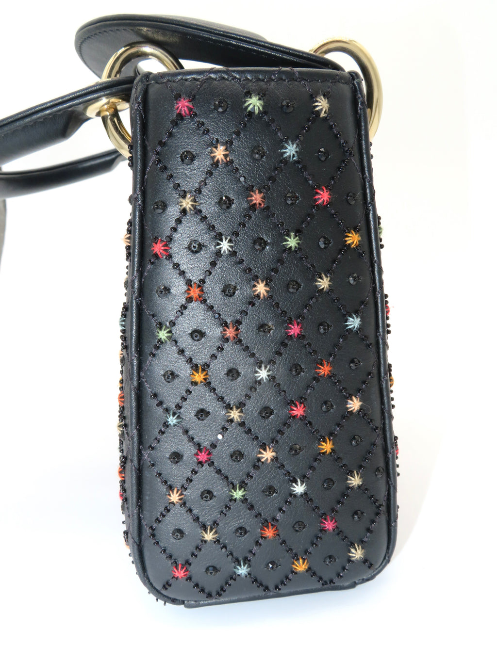 Christian Dior Mini Lady Dior Black Cannage Leather Star Embroidered Accents