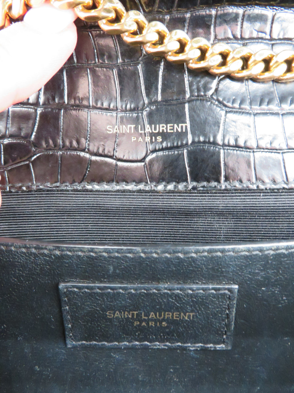 YSL Medium Kate Tassel Bag in Crocodile Embossed Black Leather