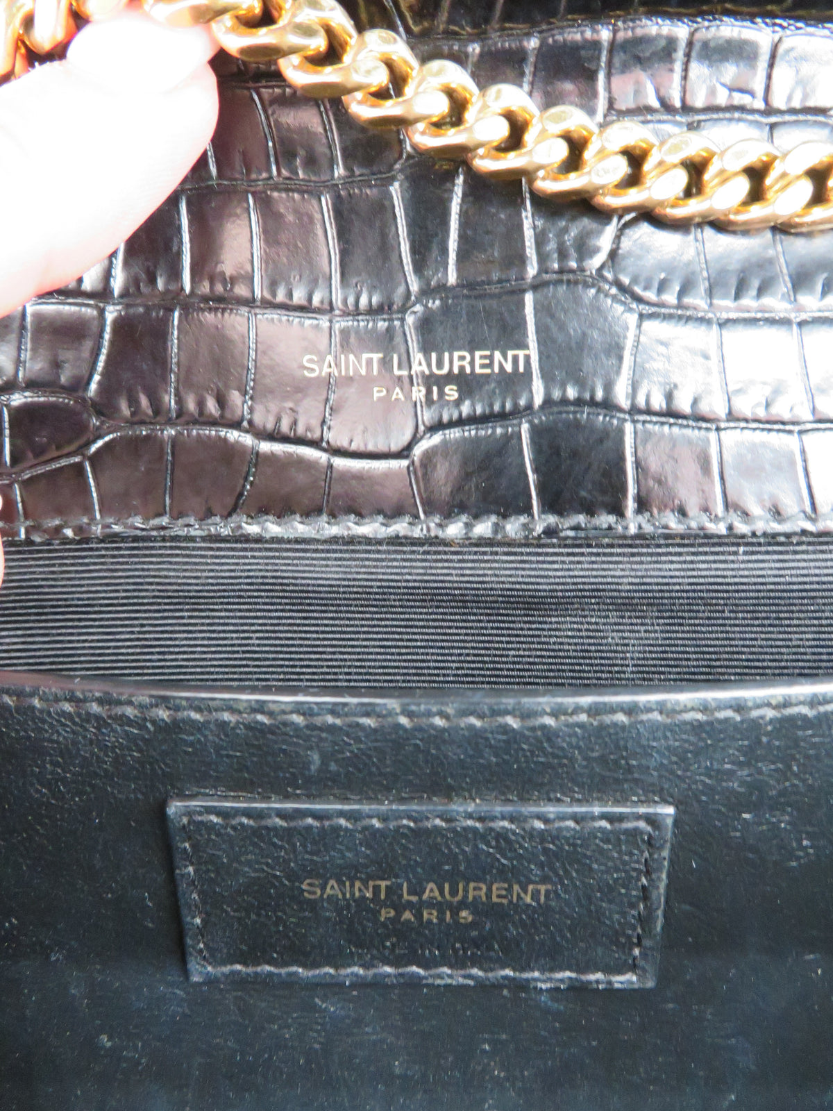 YSL Medium Kate Tassel Bag in Crocodile Embossed Black Leather