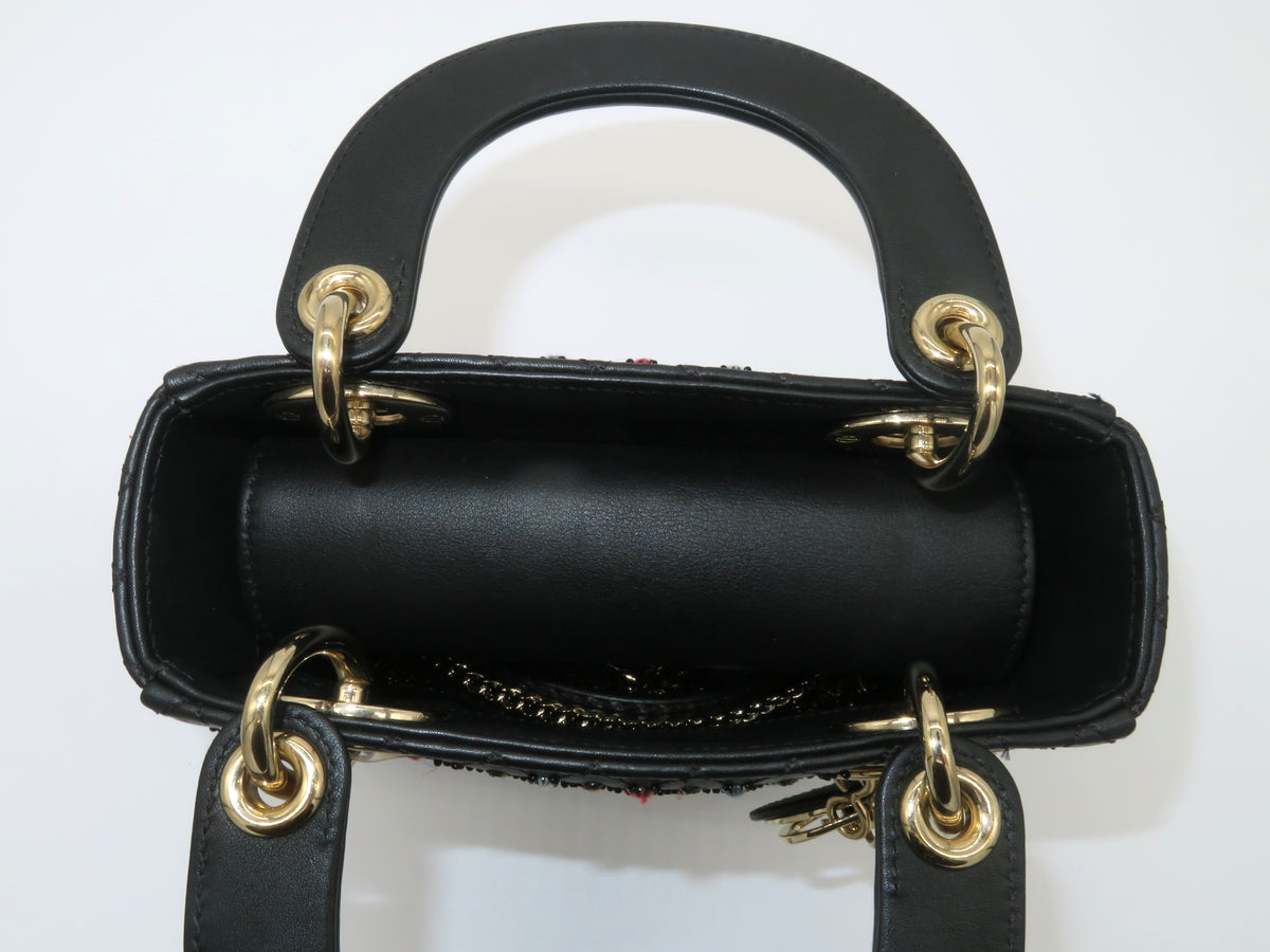 Christian Dior Mini Lady Dior Black Cannage Leather Star Embroidered Accents