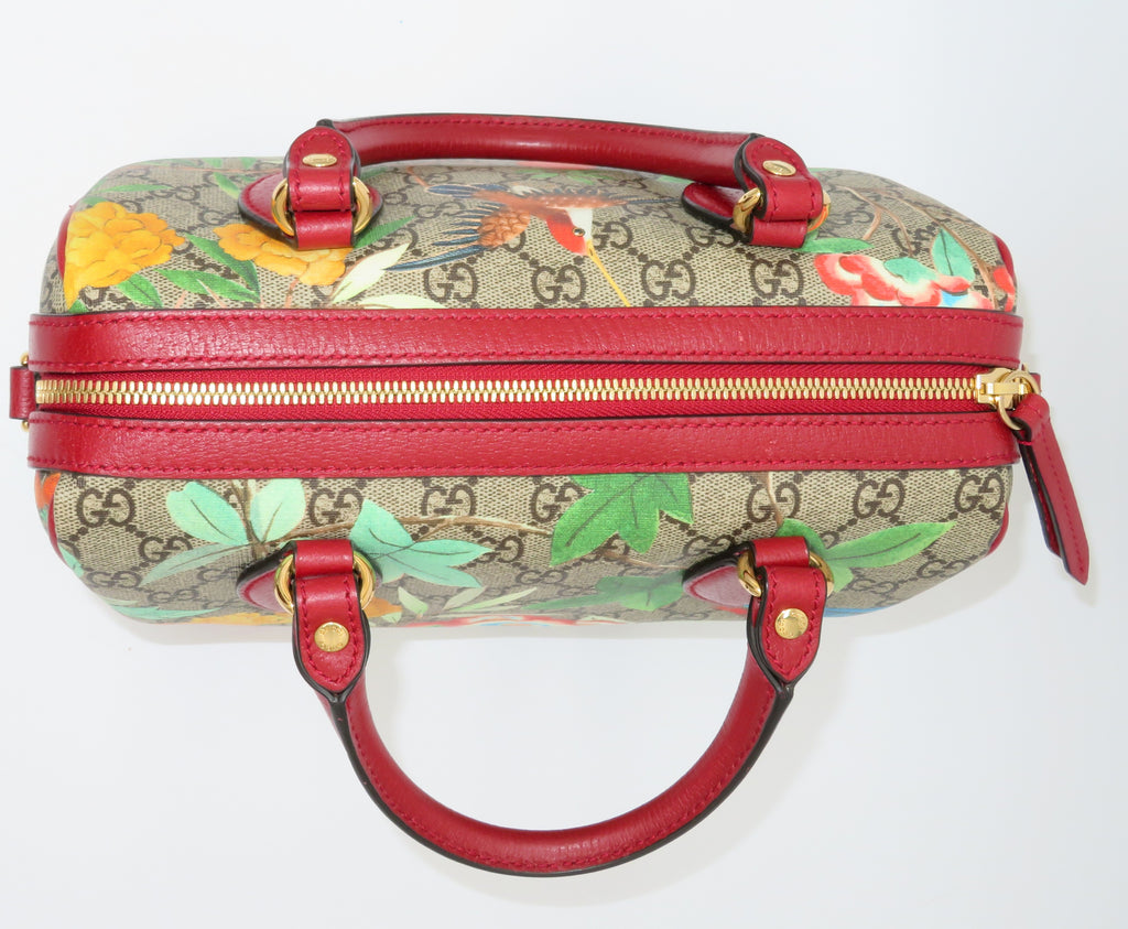 Gucci GG Supreme Tian Red Leather Small Boston Bag