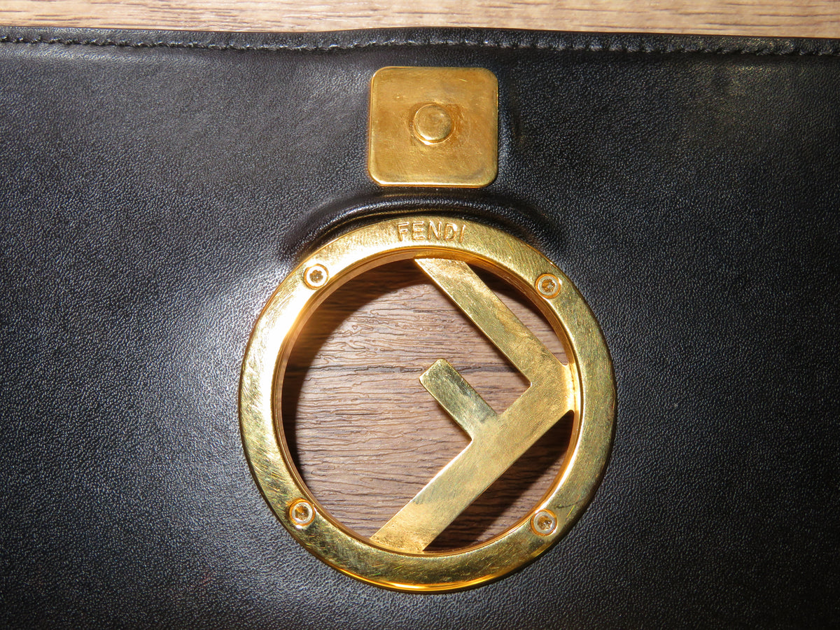 Fendi Round F Logo Black Leather Wallet on Chain